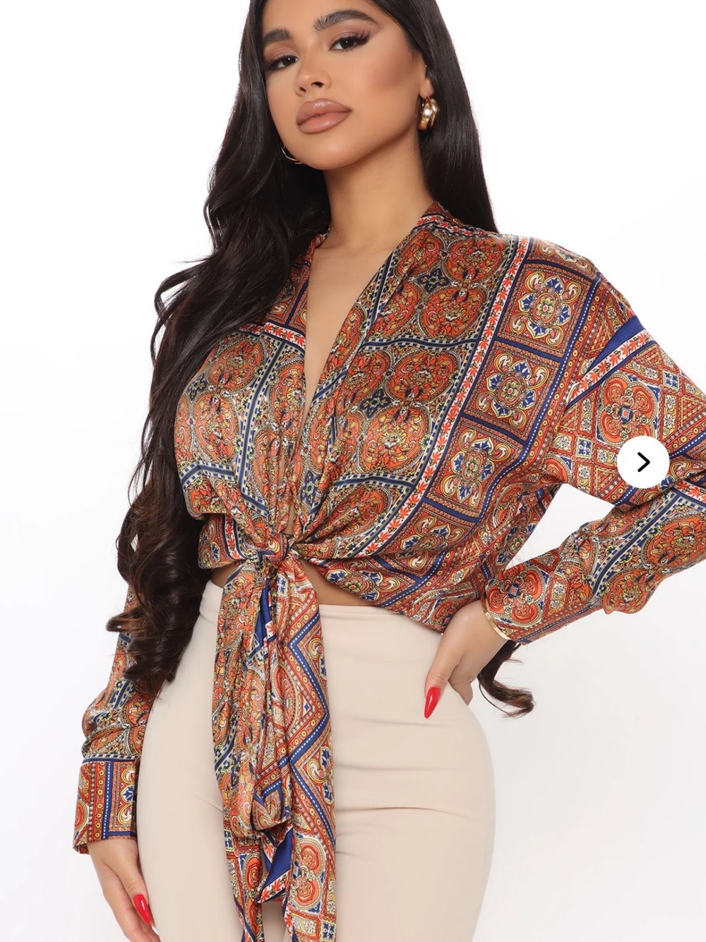 Fashion Nova Orange and Blue Paisley Tie-Front Blouse